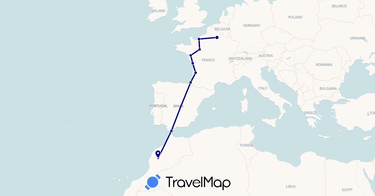 TravelMap itinerary: driving in France, Gibraltar, Morocco (Africa, Europe)